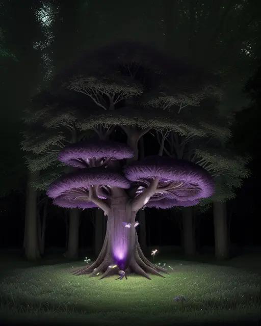 A big musroom shaped tree inside a fairy tale forest, night time, purple shiny grass with fireflies all around the tree