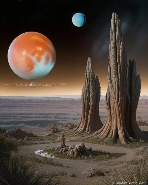 Fantastic alien landscape with unusual flora and multiple moons